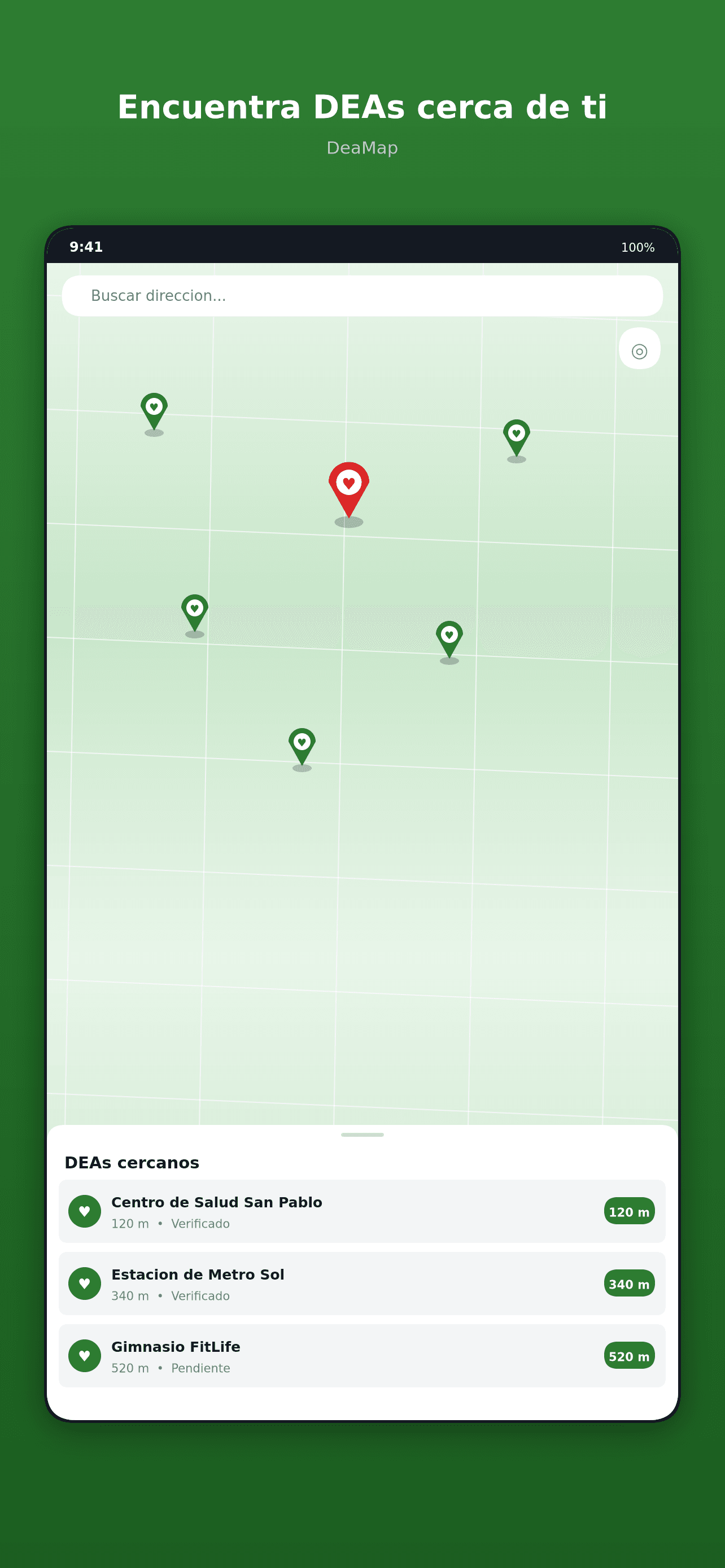 Mapa de desfibriladores en la aplicación DeaMap